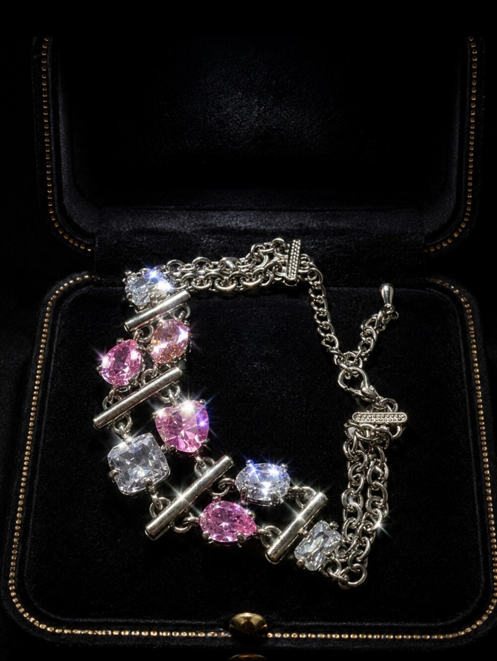 Light Pink & Clear Silver Silver Tone Cubic Zironia Stones Bracelet